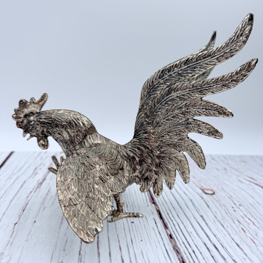 Vintage EM Silver Tone Metal Rooster‎ Figurine Farmhouse Decor